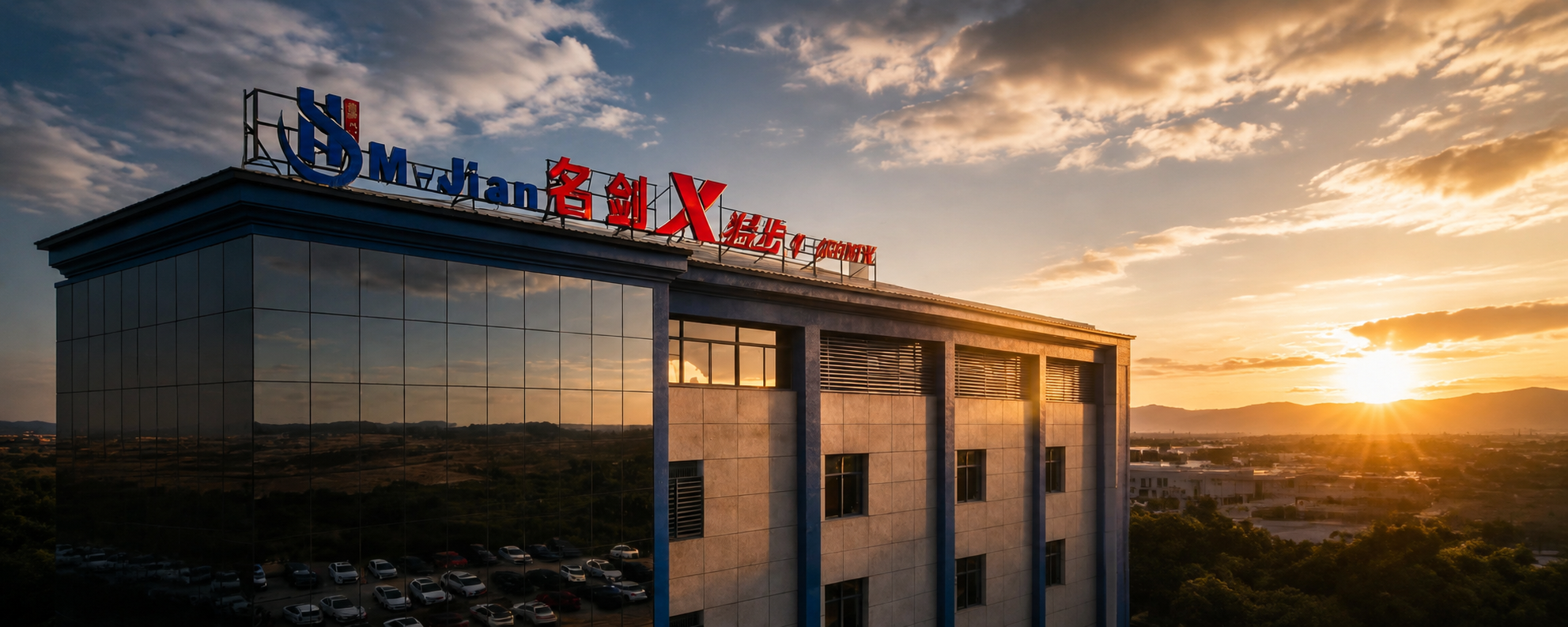 Mingjian Footwear factory campus at sunset